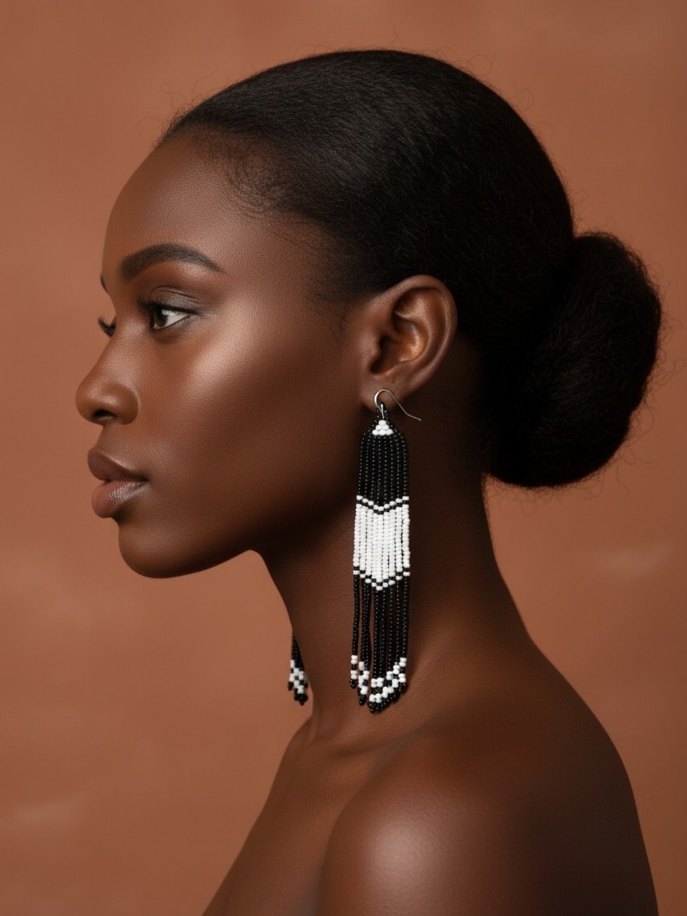 Black and White Beaded Fringe Earrings - Statement Drop
